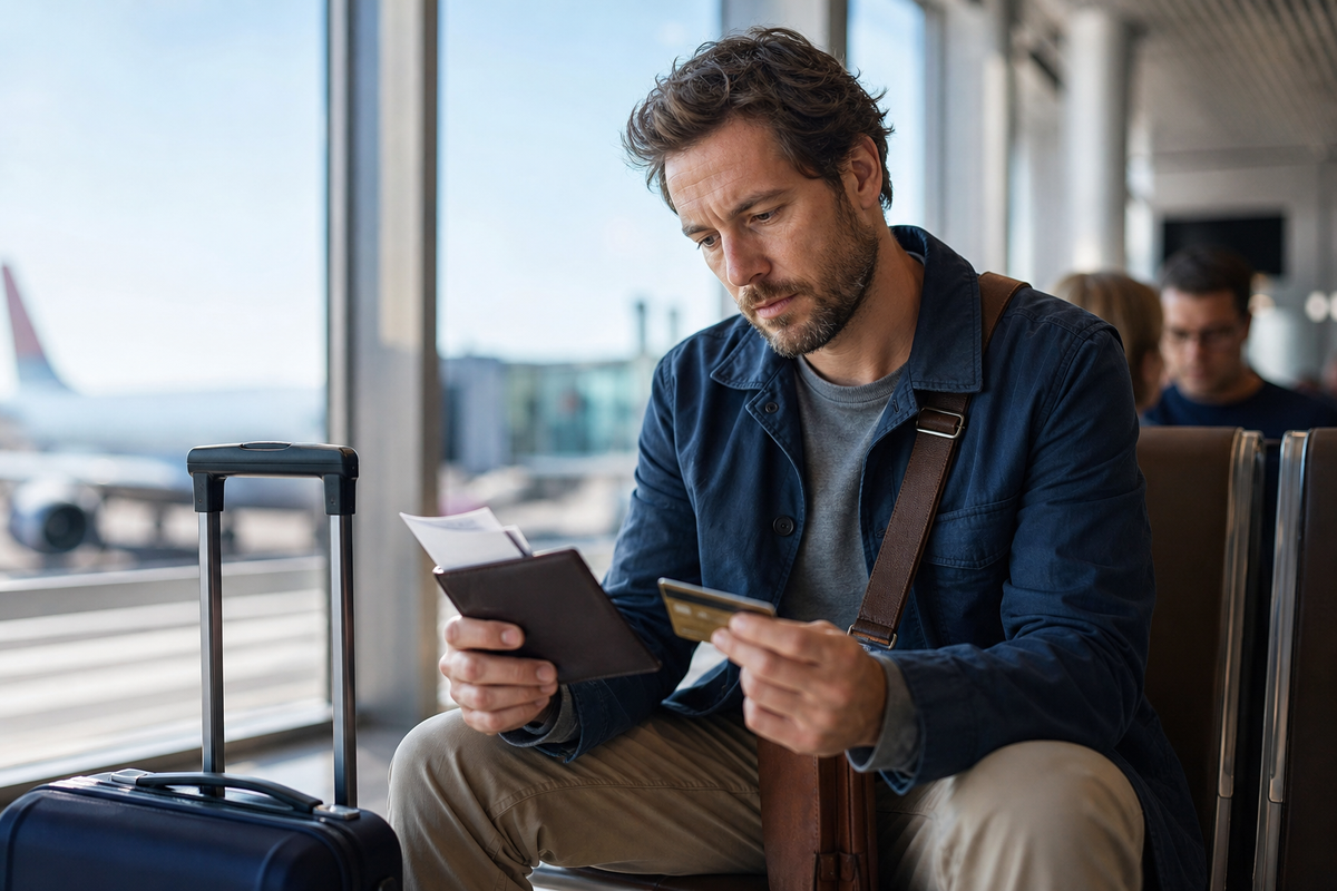 Voyageur vérifiant sa carte bancaire et ses documents avant un départ à l'étranger dans un aéroport.