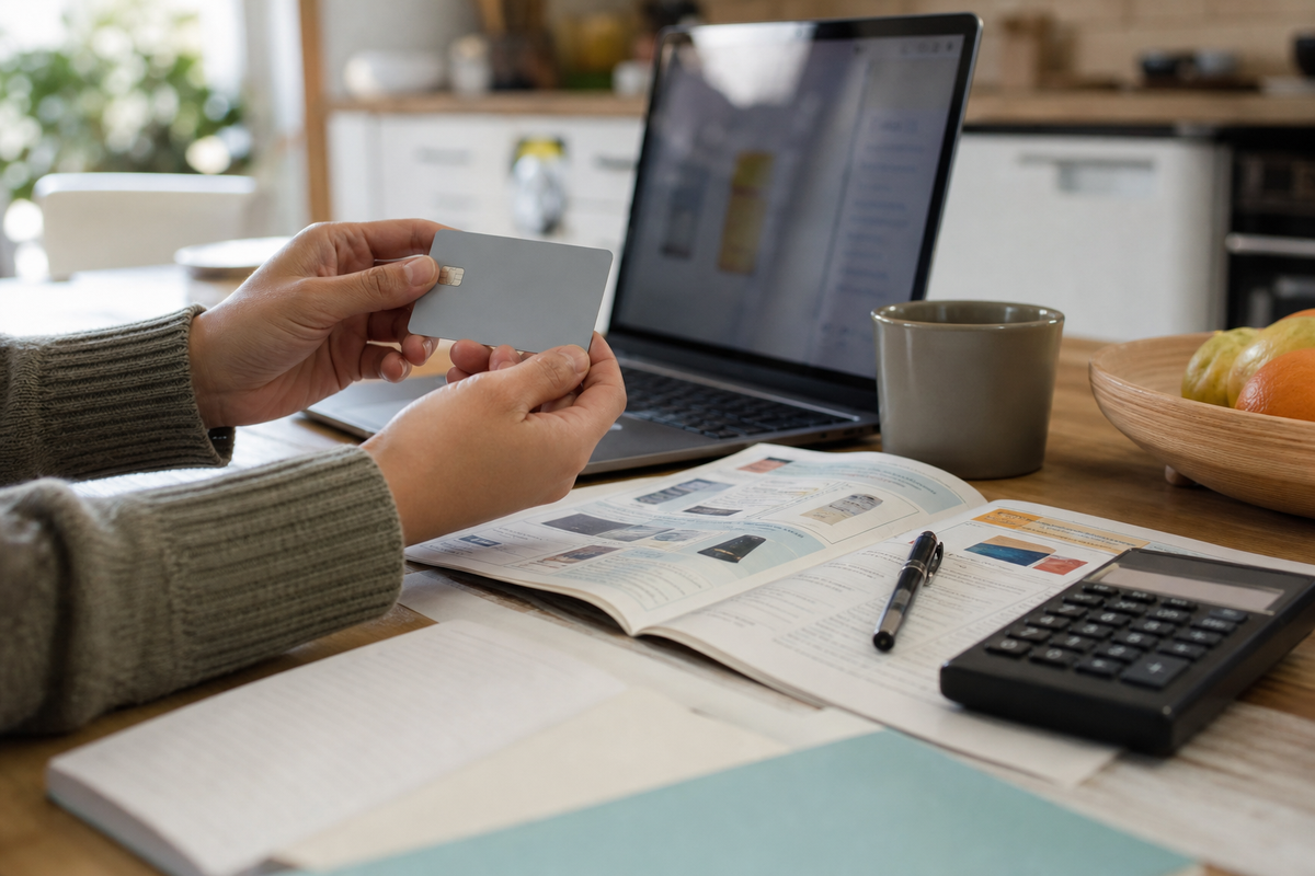 Mains tenant une carte bancaire et une brochure tarifaire sur une table, avec un ordinateur portable en arrière-plan.
