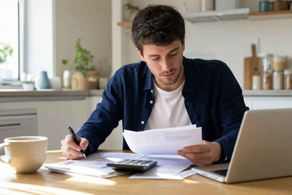 Personne vérifiant un dossier d’épargne logement (CEL) avec calculatrice, chez elle.