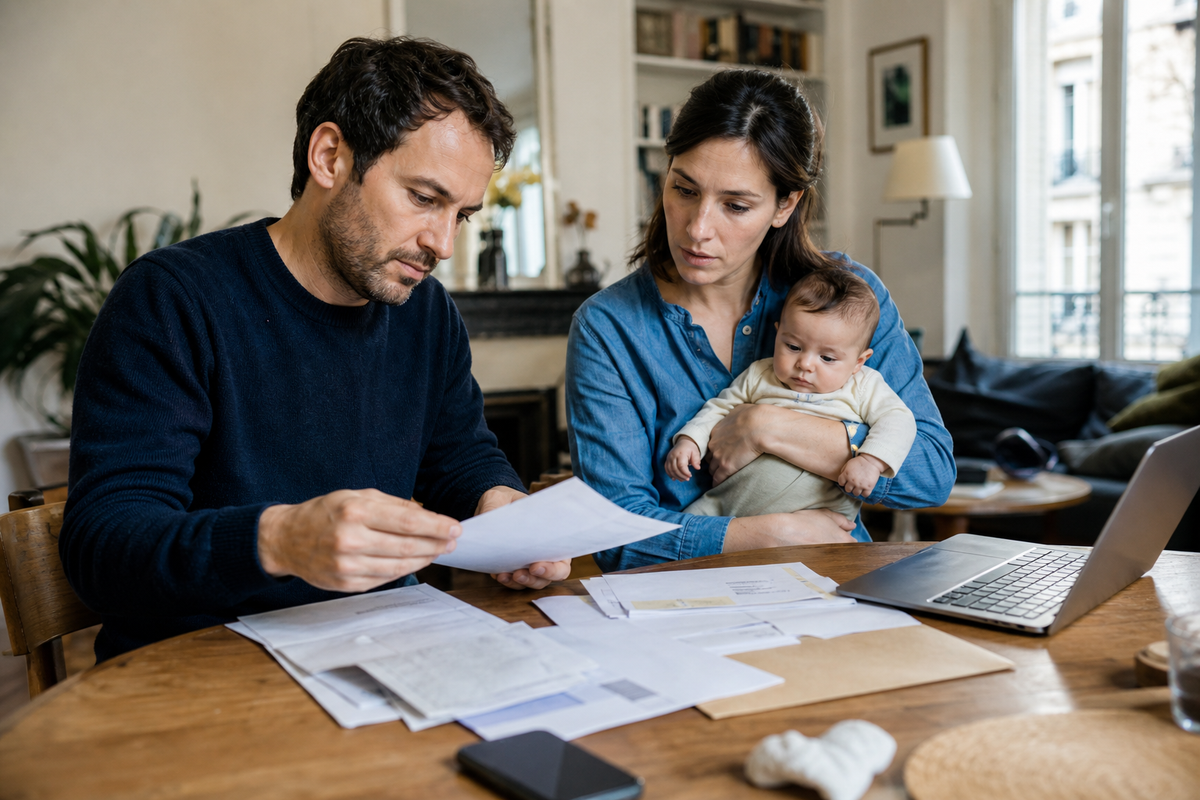 Couple français avec un bébé examinant des documents fiscaux et bancaires à la table d'un salon lumineux