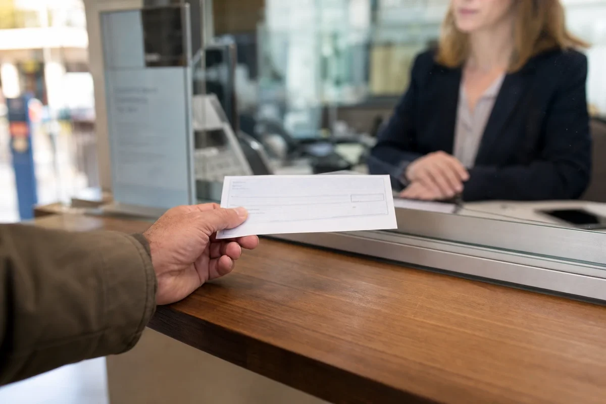 Personne présentant un chèque de banque au guichet d’une banque