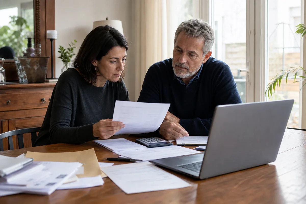 Deux adultes examinant des documents de succession et des relevés bancaires sur une table, scène réaliste en France