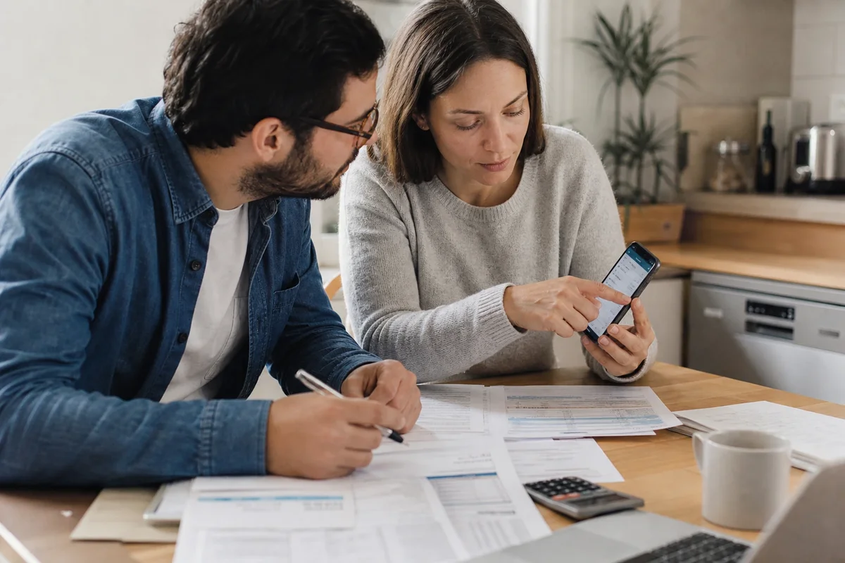 Deux adultes examinant des documents bancaires sur une table de cuisine, scène réaliste en France