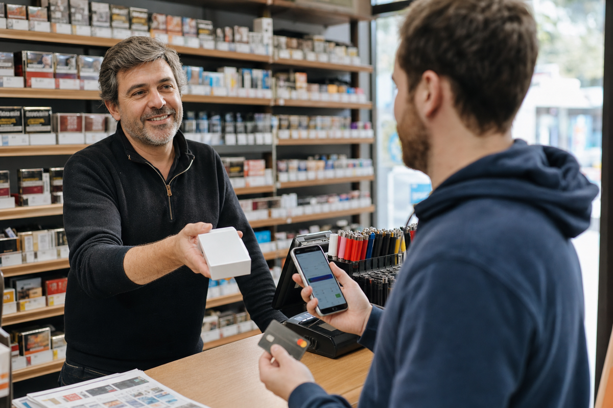 Ouverture d’un compte et paiement au comptoir d’un commerce (scène générique, sans marque)