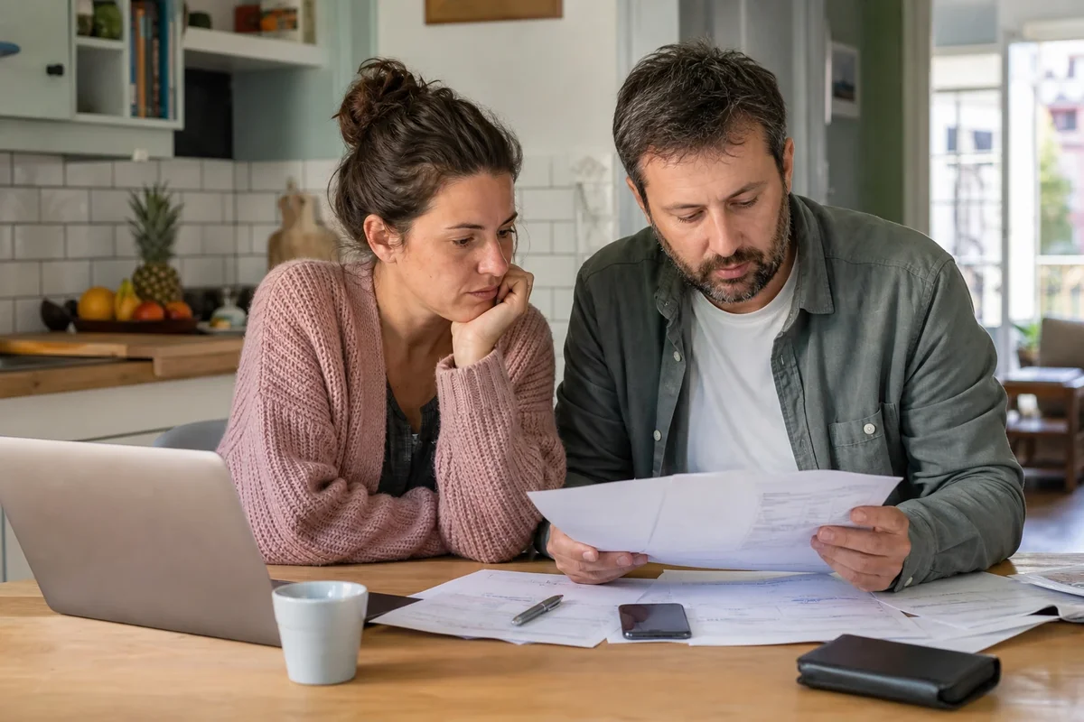 Couple consultant des documents de prêt immobilier et un ordinateur sur une table de cuisine en France