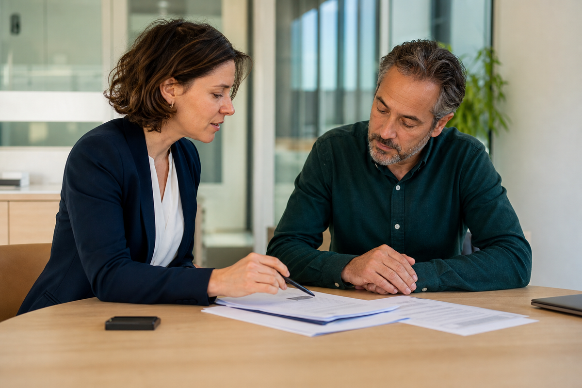 Client échangeant avec un conseiller bancaire dans un cadre générique en France, sans marque visible