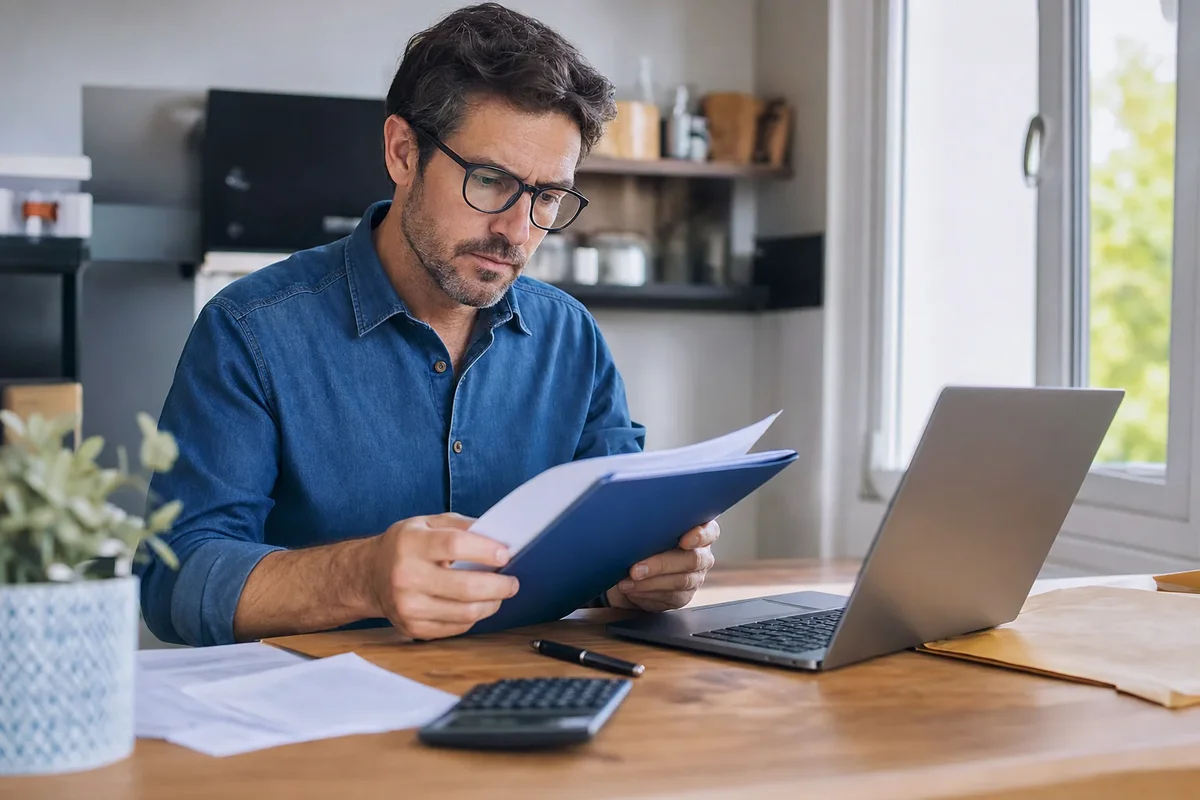 Personne examinant une offre de prêt immobilier sur une table, avec un ordinateur portable et une calculatrice.
