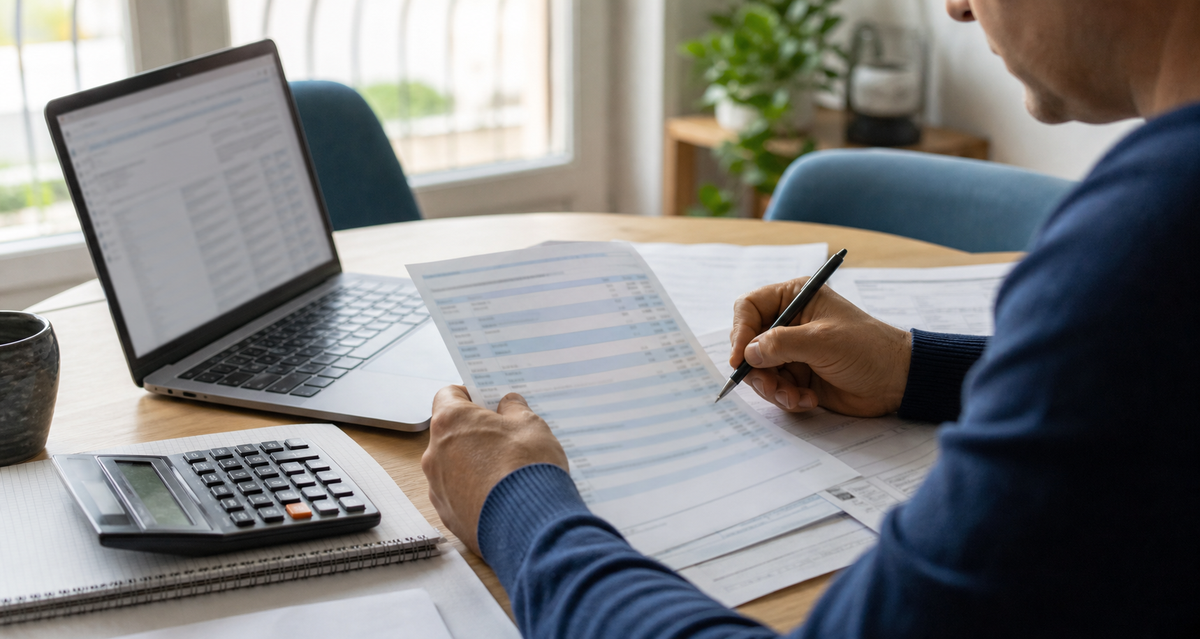 Personne vérifiant les dates d’opérations sur des documents bancaires avec un ordinateur et une calculatrice