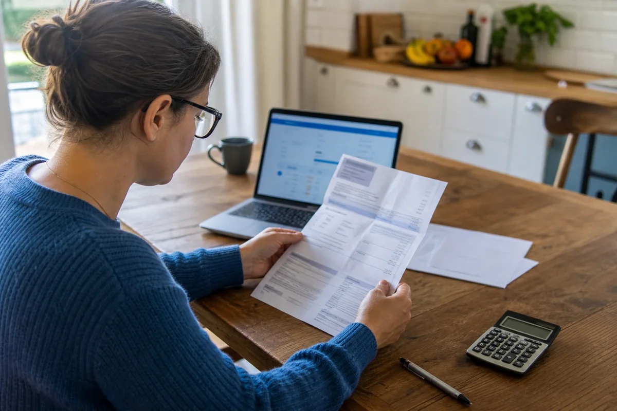 Personne consultant des documents tarifaires bancaires sur un ordinateur portable, en France