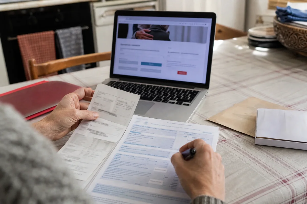 Personne remplissant sa déclaration d’impôts sur ordinateur et classant un reçu de don