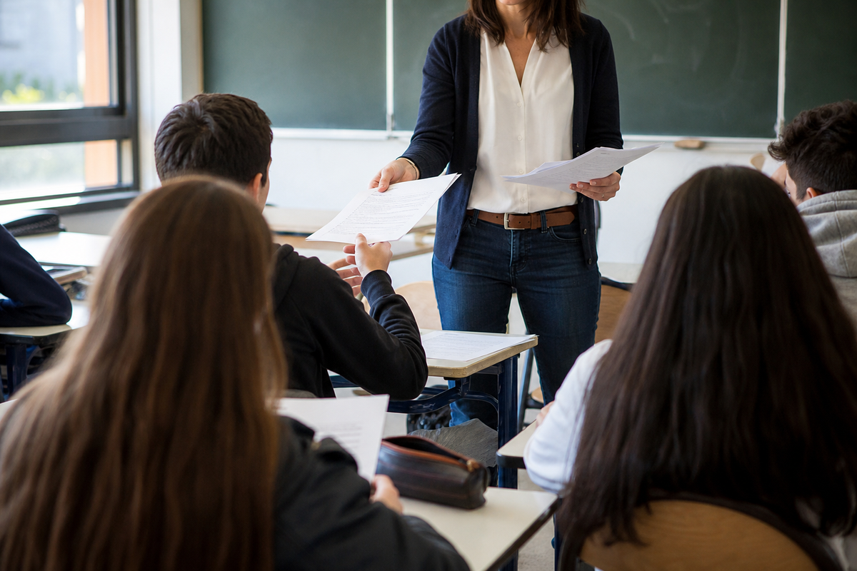 Photo d'une salle de classe où un enseignant distribue des documents pédagogiques à des collégiens, sans texte lisible