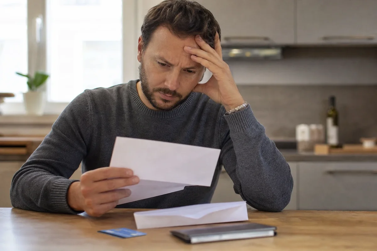 Personne lisant un courrier de banque à une table, avec un chéquier et une carte bancaire.