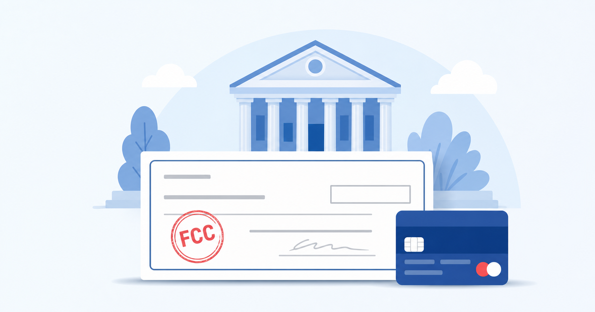 Illustration d’un chèque et d’une carte avec le sigle FCC