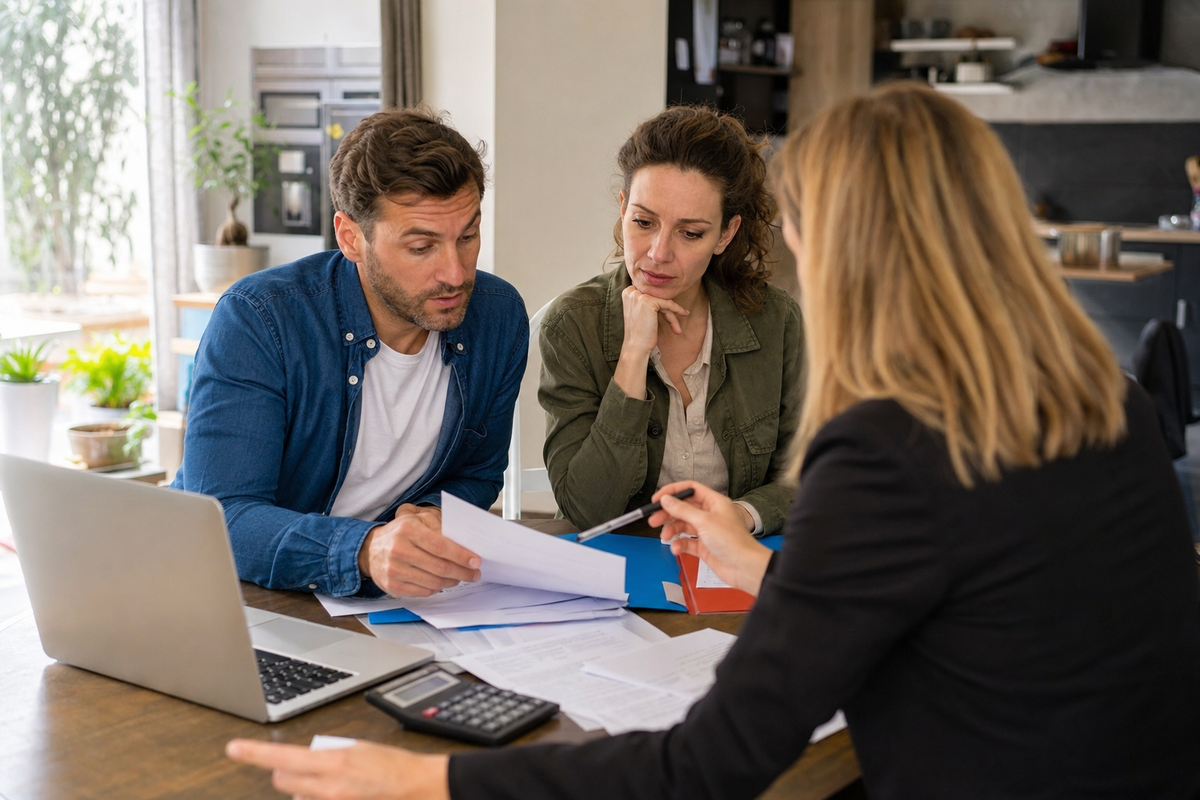 Couple examinant un dossier de prêt immobilier et des documents d’assurance emprunteur sur une table, dans un intérieur français.