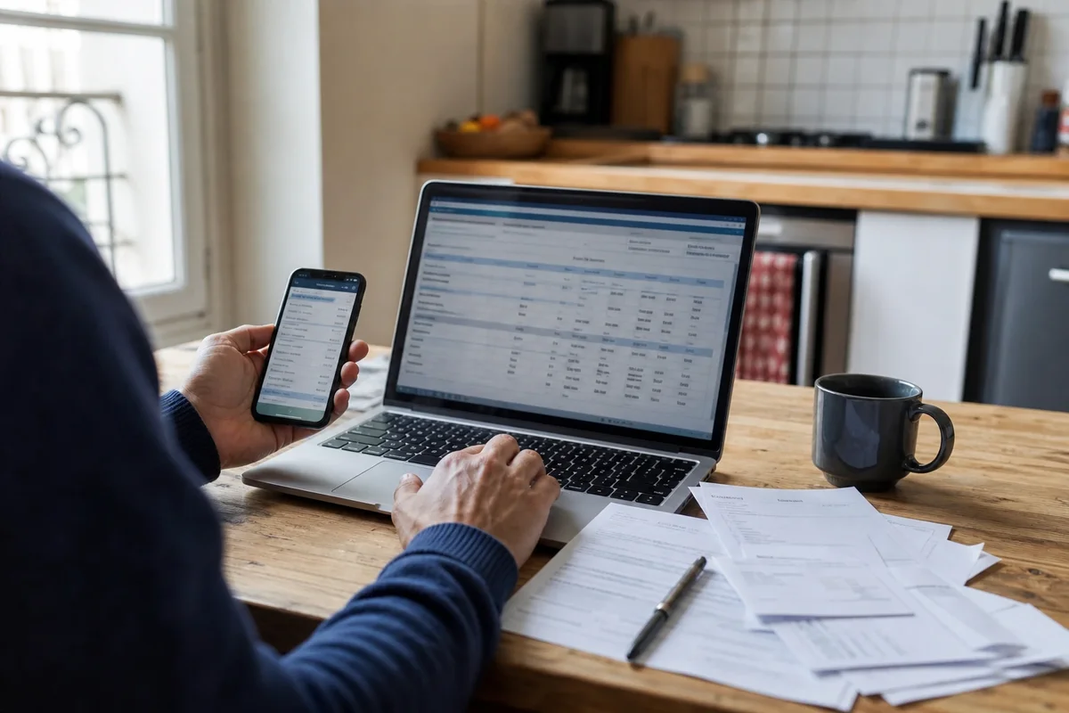 Personne vérifiant un prélèvement bancaire sur ordinateur portable, documents sur une table.