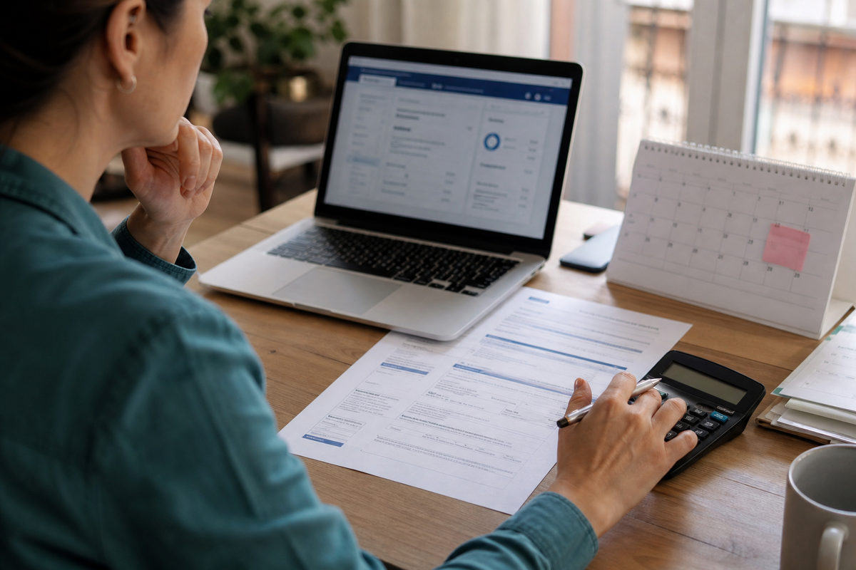 Personne calculant un remboursement anticipé de crédit à la consommation avec un ordinateur portable, des relevés et une calculatrice, scène réaliste en France.
