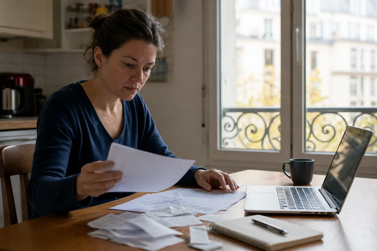 Photo réaliste d'une personne préparant sa déclaration de revenus avec des justificatifs de services à la personne sur une table