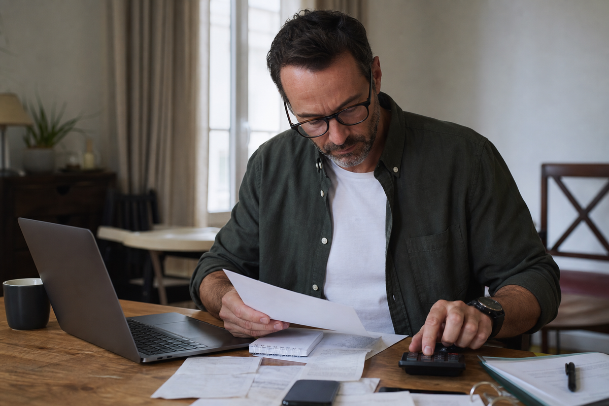 Photojournalistic scene in France: an adult reviewing insurance savings paperwork and tax notes at a dining table, natural daylight, documentary style.