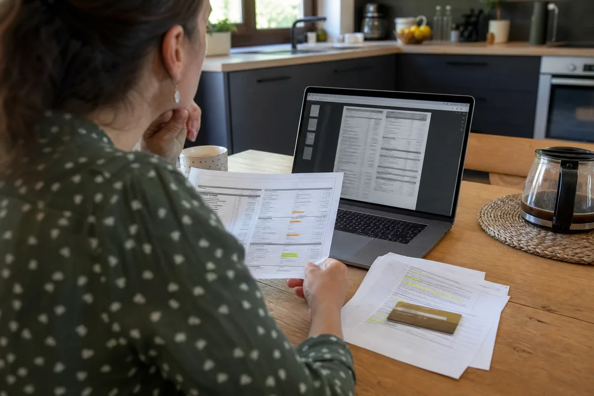 Personne consultant un PDF de tarifs bancaires sur un ordinateur portable