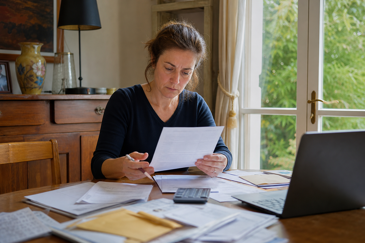 Personne en train de classer des documents de succession et de consulter des relevés bancaires, scène réaliste en France