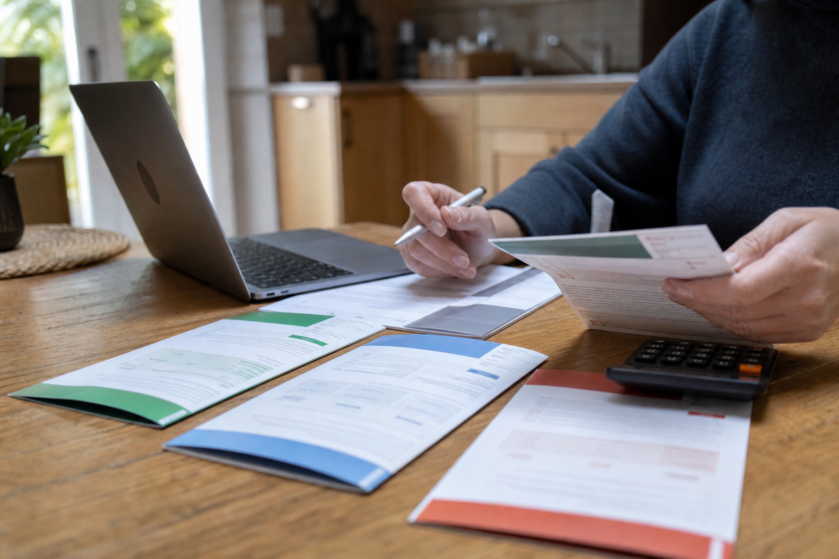 Personne comparant des brochures tarifaires bancaires avec un ordinateur et une calculatrice