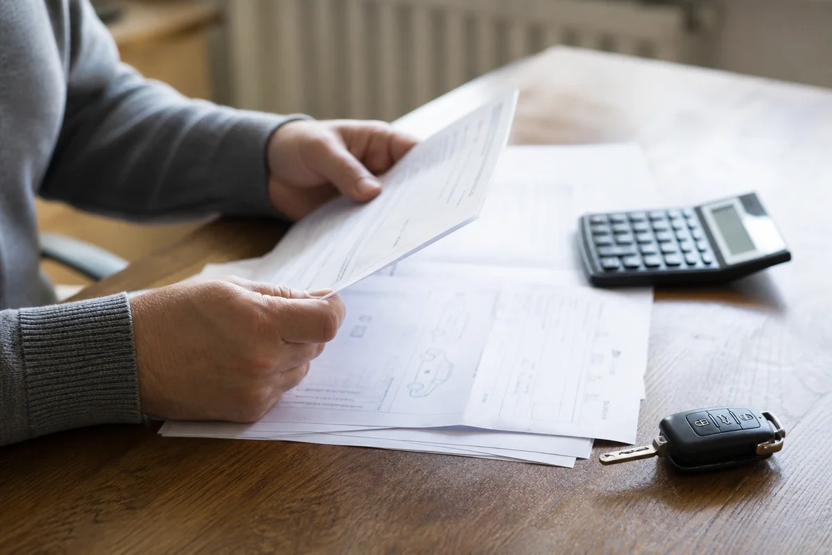 Main feuilletant un contrat d’assurance sur une table, avec calculatrice et clé de voiture à côté (illustration photojournalistique).