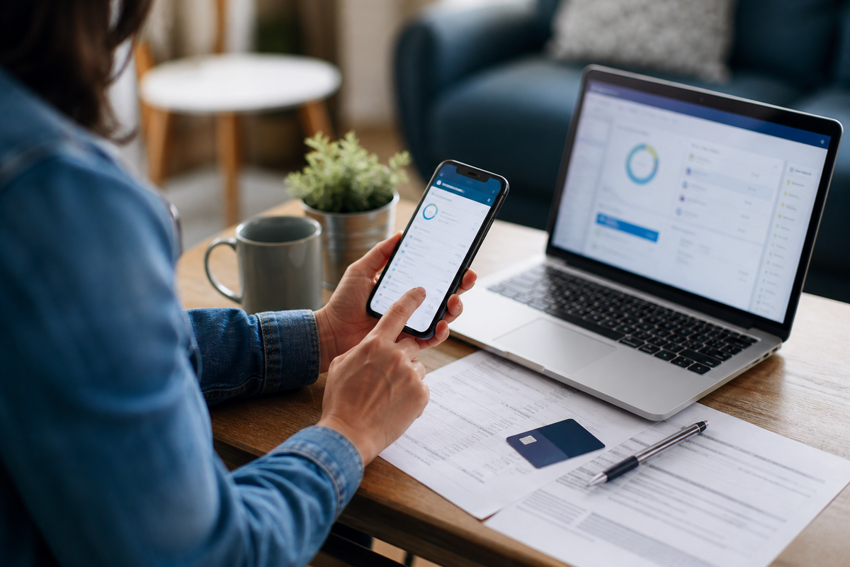 Personne consultant un compte bancaire en ligne sur smartphone et ordinateur, scène générique sans marque