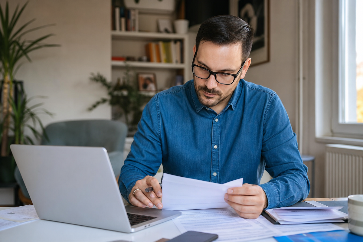 Personne en France verifiant une fiche de paie et sa declaration de revenus sur un ordinateur portable, dans une scene de bureau realiste en lumiere naturelle.