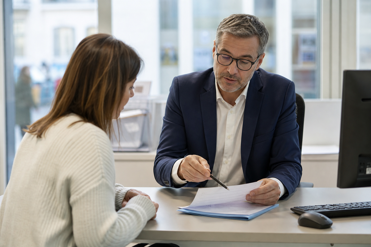 Client et conseiller bancaire relisant une demande de chèque de banque dans une agence, scène réaliste en France