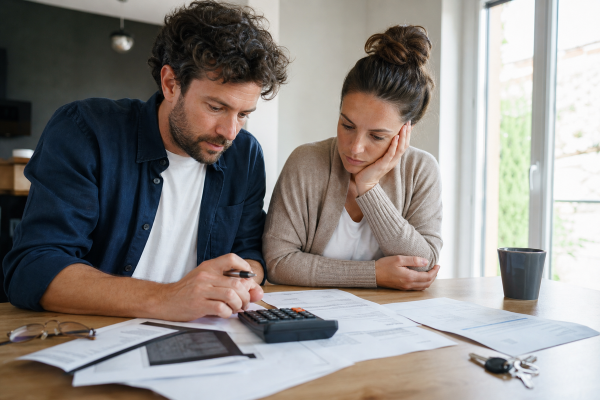 Couple examinant des documents de pret immobilier avec calculatrice et cles de logement