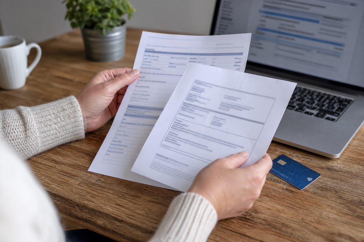 Personne consultant un RIB sur un bureau, illustrant l’IBAN pour un virement ou un prélèvement