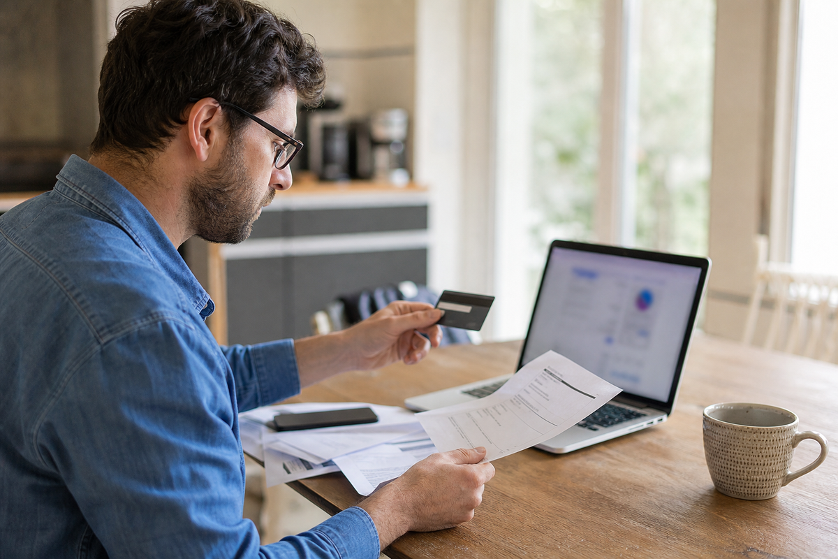 Personne consultant des documents bancaires sur une table, en France