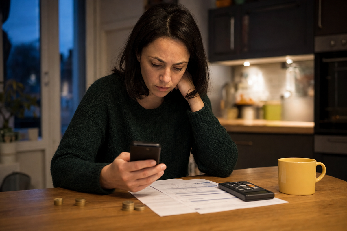 Personne consultant le solde de son compte sur smartphone et un relevé bancaire, pour comprendre des frais liés à un découvert.