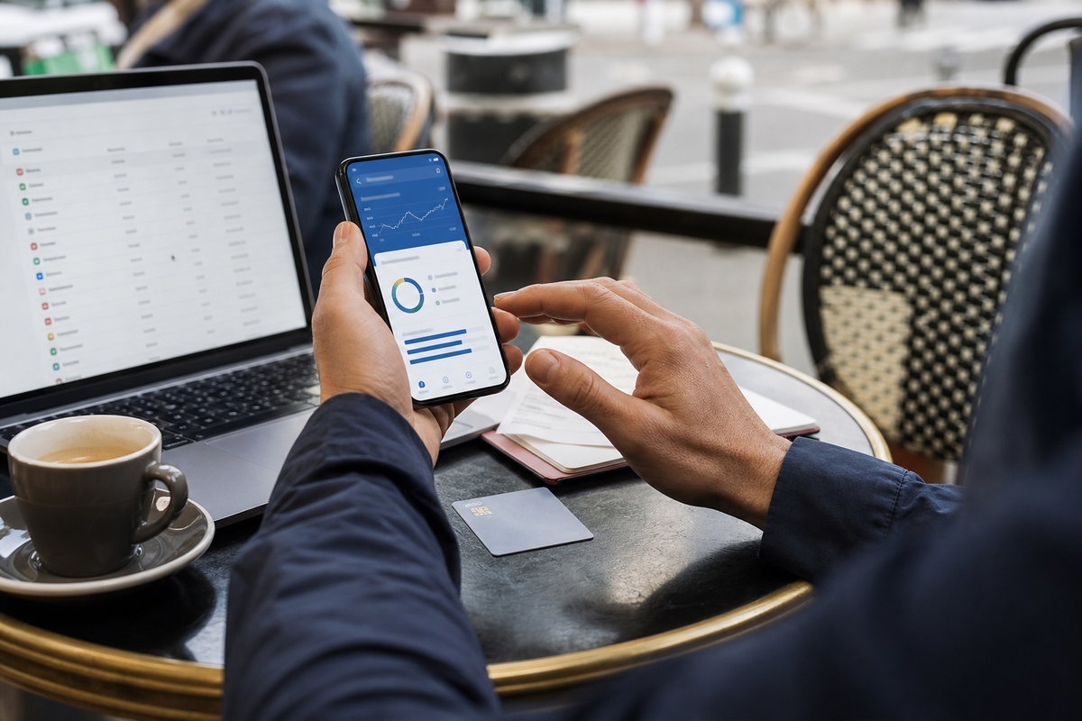 Personne utilisant un smartphone pour gérer un compte bancaire en ligne, dans un café en France.
