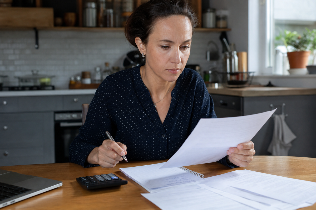 Personne relisant des documents de pret immobilier et assurance emprunteur a une table, avec calculatrice et stylo.