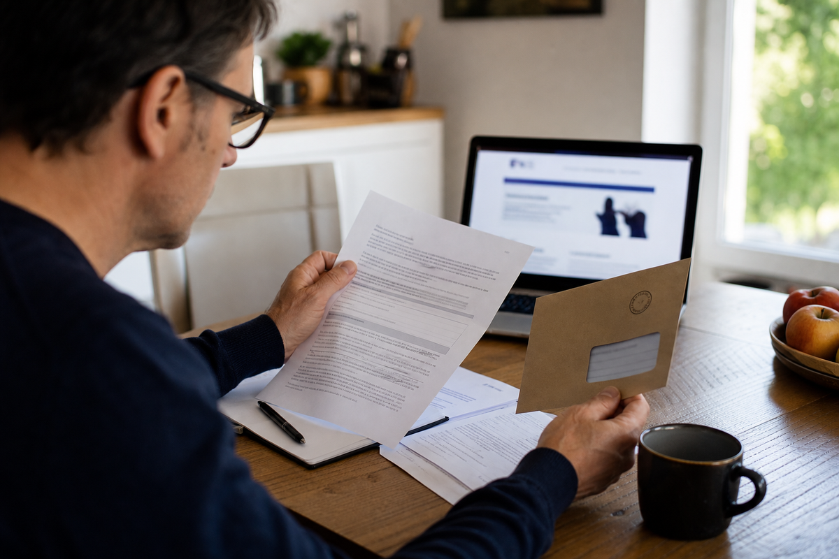 Personne relisant un contrat d’assurance et préparant une lettre de résiliation, sur une table.