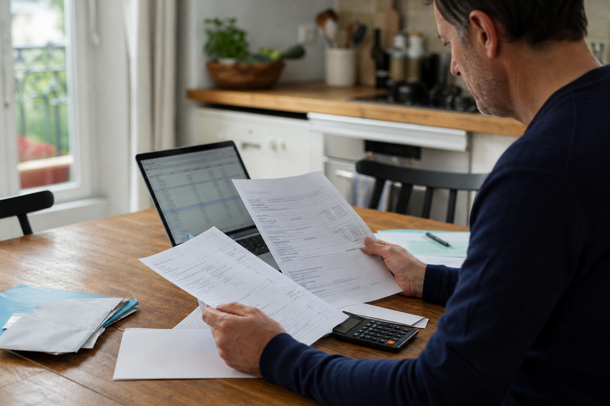 Personne en France consultant des documents fiscaux et relevés d'investissement sur une table, illustration photojournalistique du PFU (flat tax).