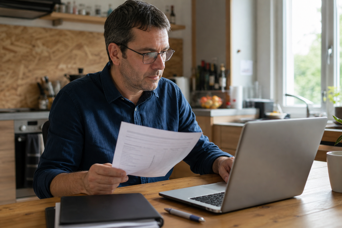 Personne vérifiant des coordonnées bancaires (RIB/IBAN) sur un ordinateur portable, scène réaliste en France.