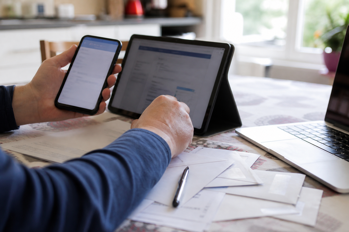Contribuable utilisant un smartphone et une tablette pour une démarche fiscale en ligne, à domicile, en France.
