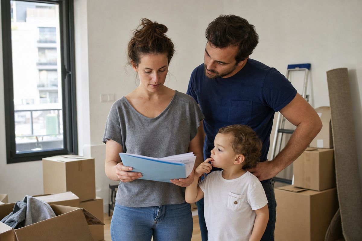 Famille entourée de cartons de déménagement dans un appartement vide, préparant des documents administratifs, en France.