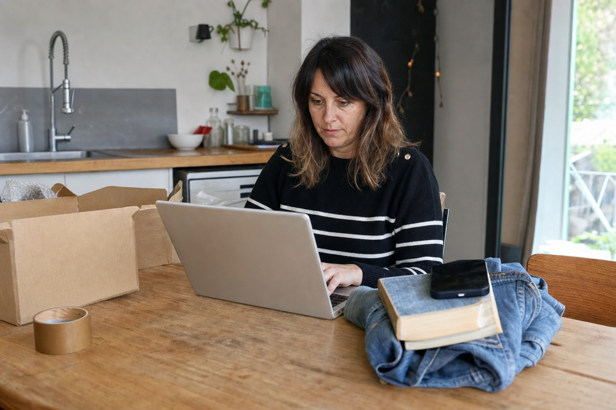 Personne préparant l’envoi d’objets d’occasion tout en consultant un ordinateur à domicile, en France.