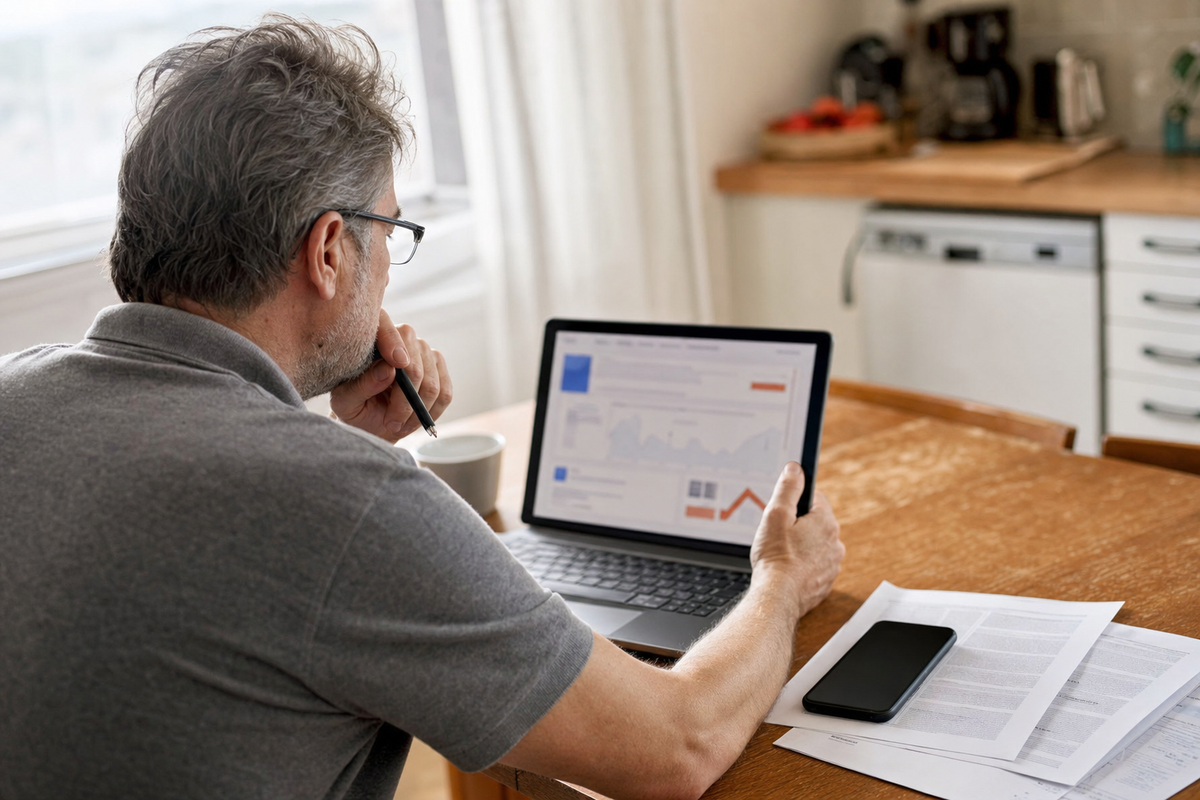 Personne à une table de cuisine en France, vérifiant une offre de placement sur un ordinateur portable, avec des documents et un smartphone.