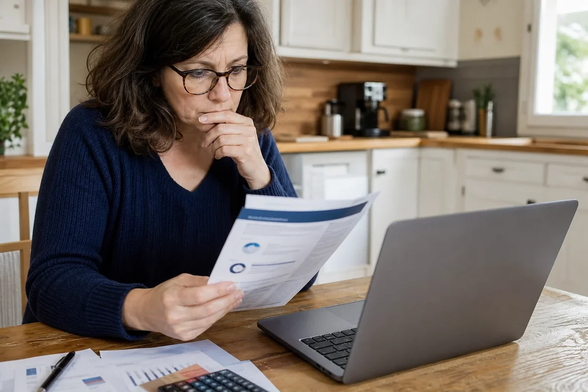 Personne comparant les frais d’un fonds sur ordinateur avec des documents papier