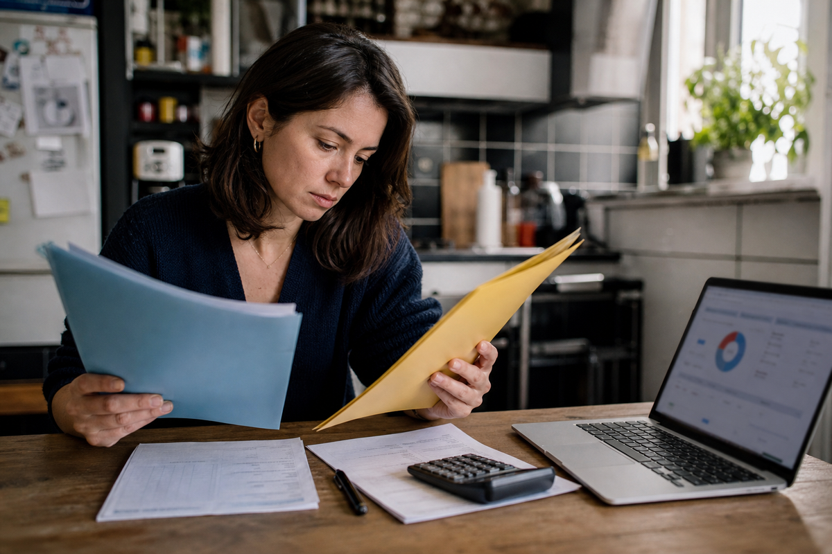 Personne comparant des documents d’épargne sur une table, pour choisir entre PEA et assurance-vie.