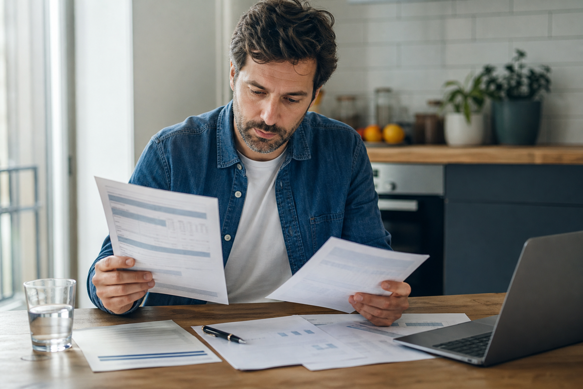 Photojournalistic scene in France: an adult saver reviews assurance-vie investment papers at a dining table in natural daylight, documentary style.