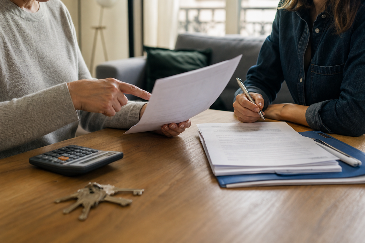 Photo d’un propriétaire et d’un locataire relisant un bail avec une calculatrice, dans un appartement