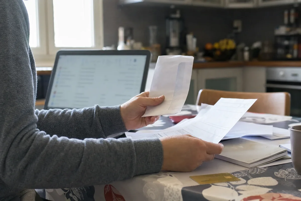 Photo d’une personne consultant des courriers et documents bancaires sur une table, pour illustrer les fichiers d’incidents (FICP/FCC).