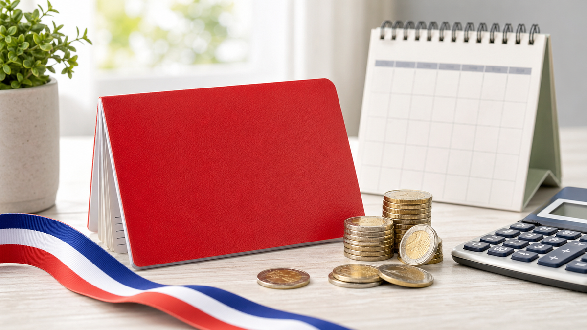 Livret A 2026 avec pièces en euros, calendrier et calculatrice