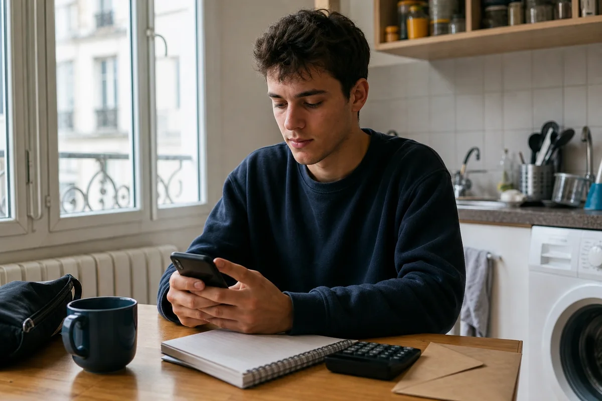 Jeune adulte consultant son épargne sur smartphone à une table, lumière naturelle.