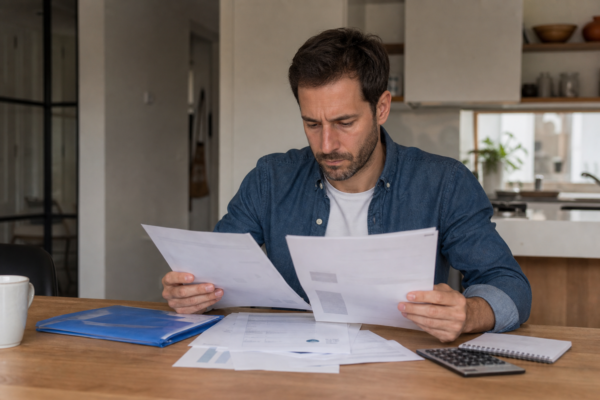 Une personne en France relit un mandat de prélèvement et des factures à une table, avec une carte bancaire et un ordinateur portable, scène photojournalistique réaliste sans texte lisible.